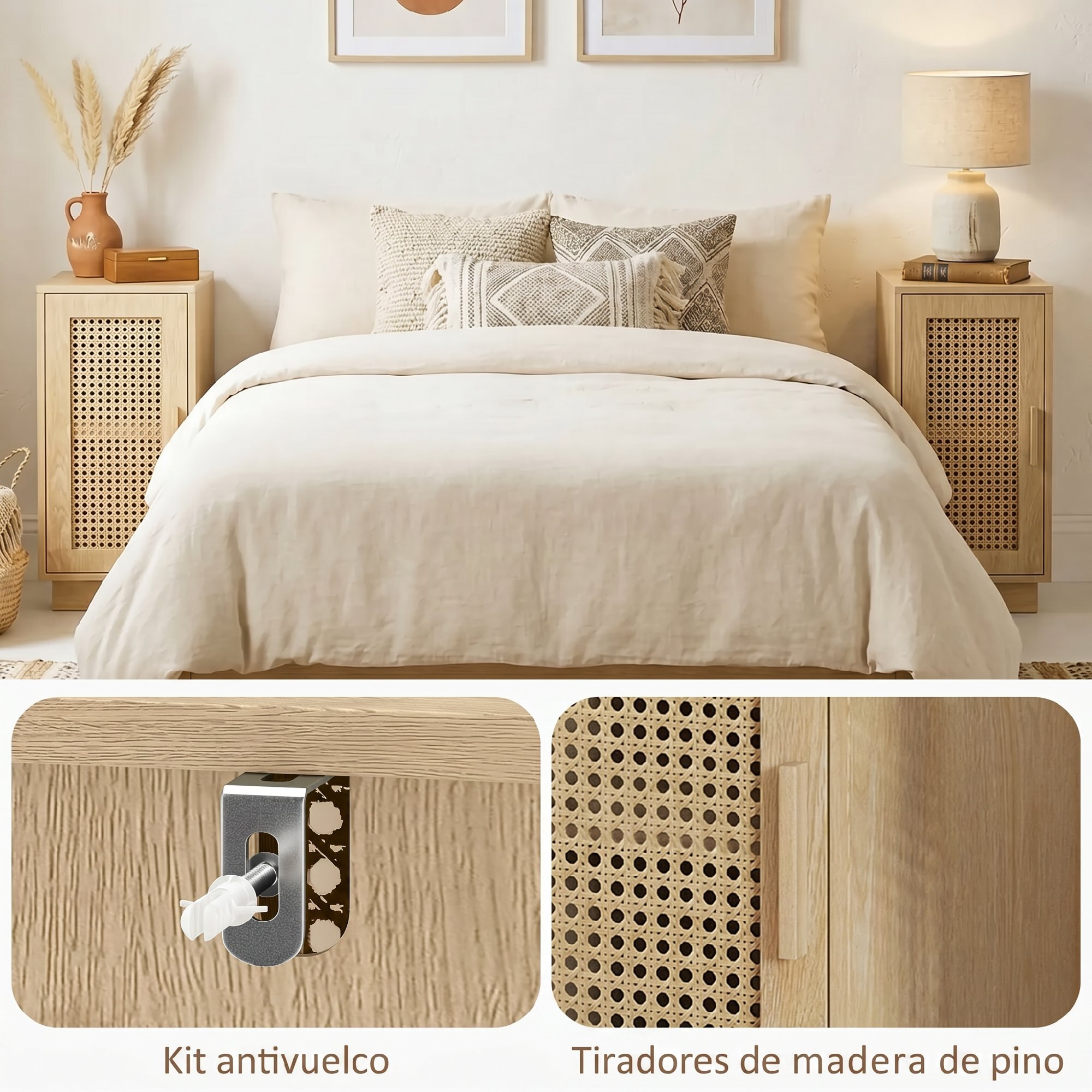 Conjunto de 2 Mesitas de Noche con Puerta de Ratán, Mesillas de Noche, Estilo Boho, con Estante Ajustable, Mesitas para Espacios Pequeños, Salón, Dormitorio, 25x30x60 cm, Madera Natural