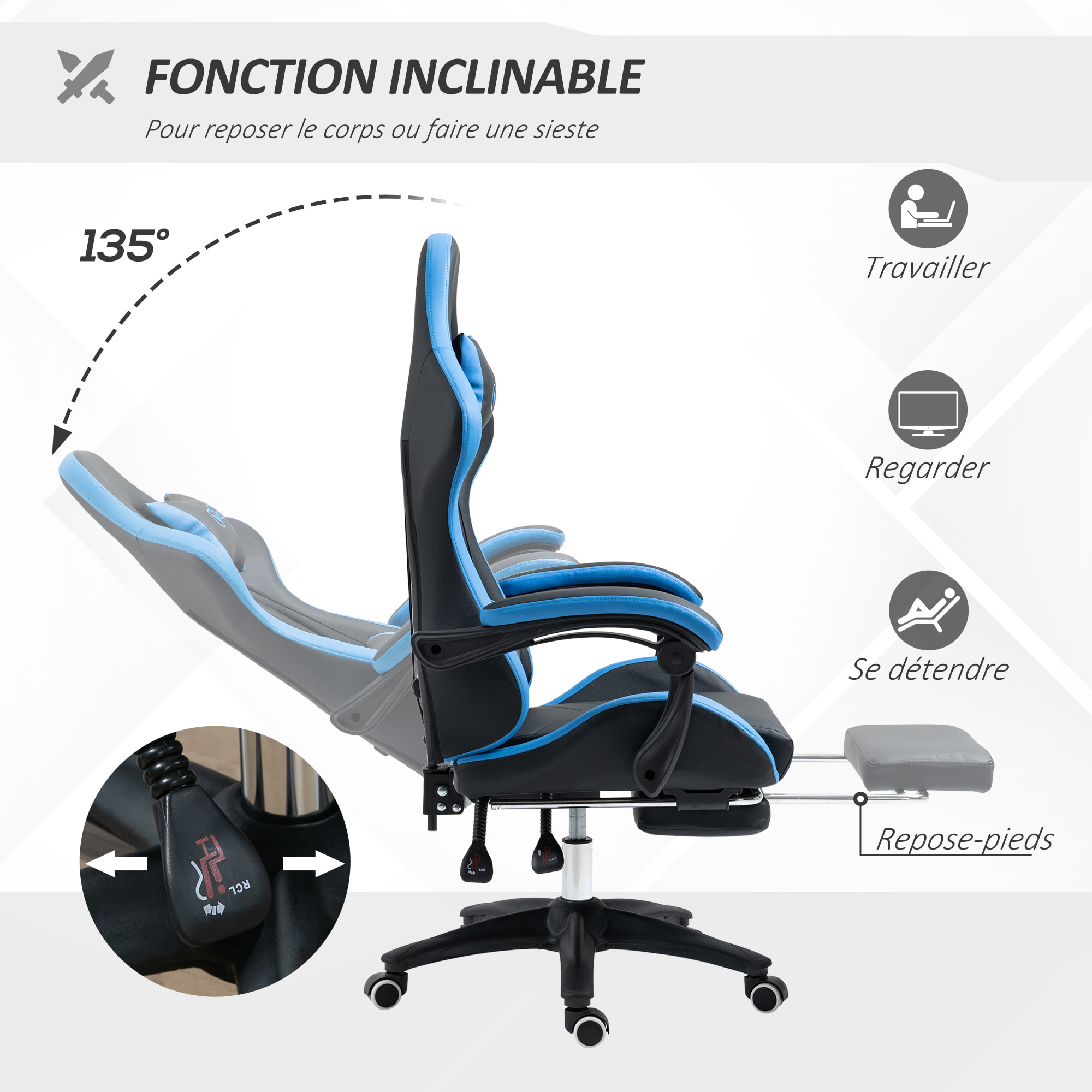 Chaise gaming - chaise de bureau gamer inclinable réglable repose-pieds rétractable coussins synthétique noir bleu