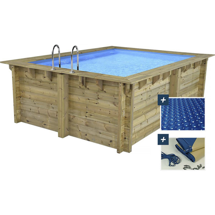 Piscine bois rectangle " Maldives  " - 3.20 x 3.20 x 1.24  m + Bâche à bulles 180 µ - Bâche hiver 280 g/m²