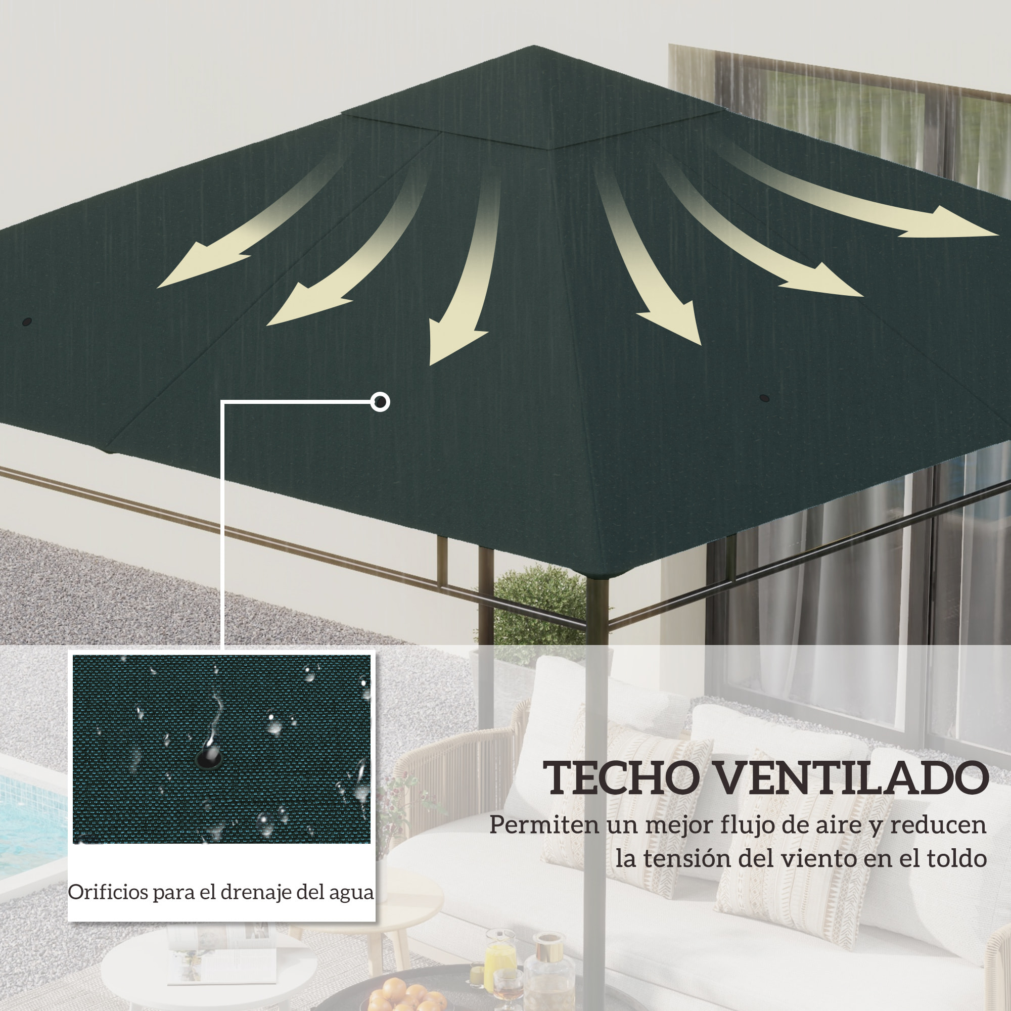 Outsunny Techo de Repuesto para Cenador, 3x3 m, Cubierta de Repuesto con 8 Orificios de Drenaje, Ventilación y Protección UV, SOLO Toldo de Recambio para Pabellón Gazebo, Verde Oscuro