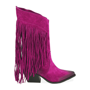 Camperos fucsia en ante con flecos, tacón 7 cm