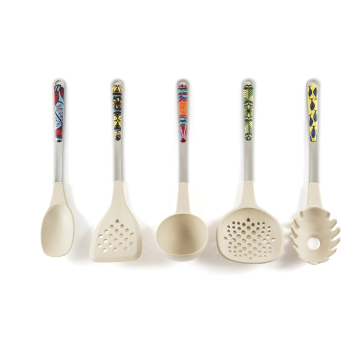 Set 5 utensili Excelsa Afrika, nylon e acciaio, multicolor decoro Afrika