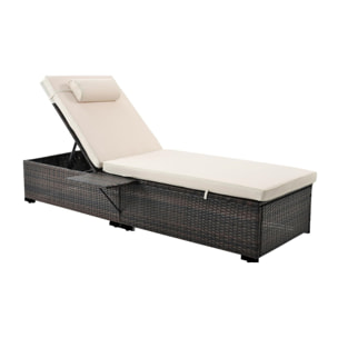 Lot de 2 transats coussins beiges en résine tressée avec tablette latérale LEO