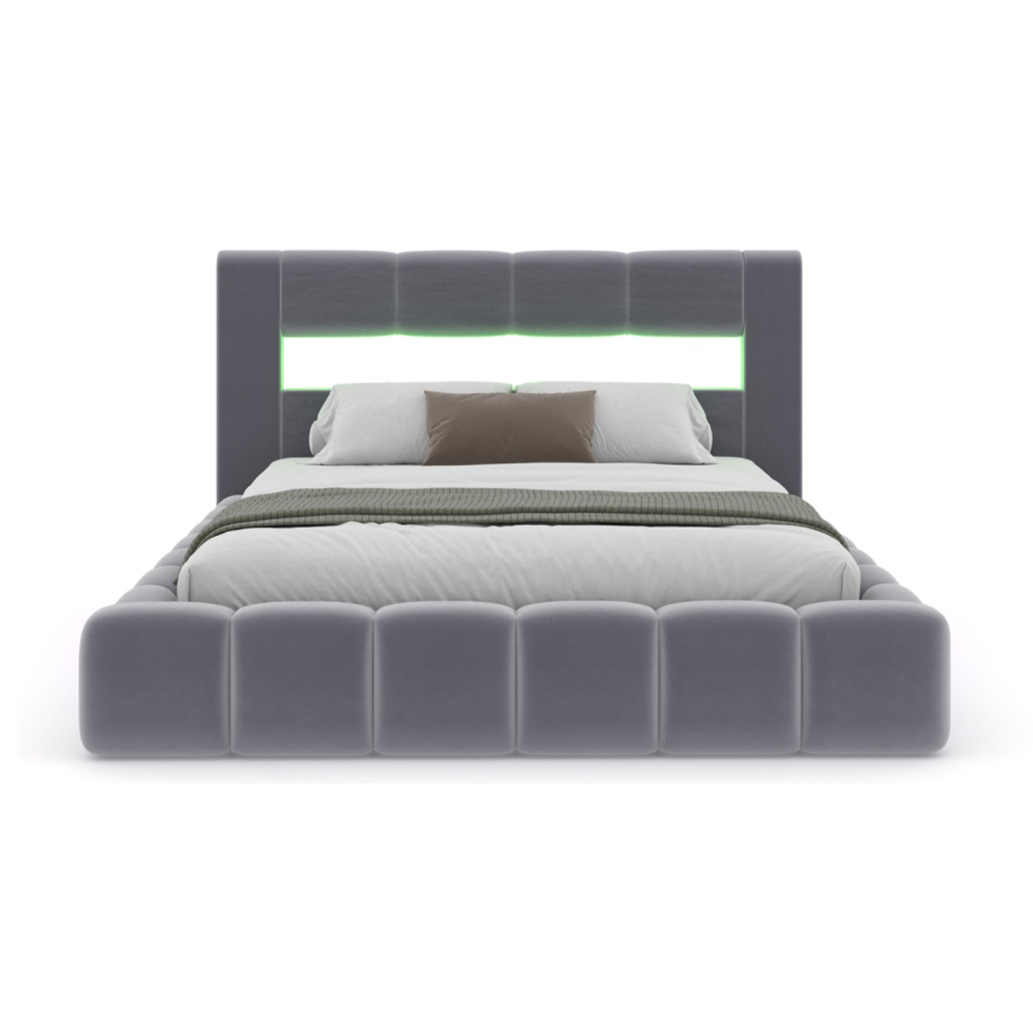 MAKILA Lit nuage avec coffre de rangement et LED 180x200cm en velours gris avec tête de lit et sommier