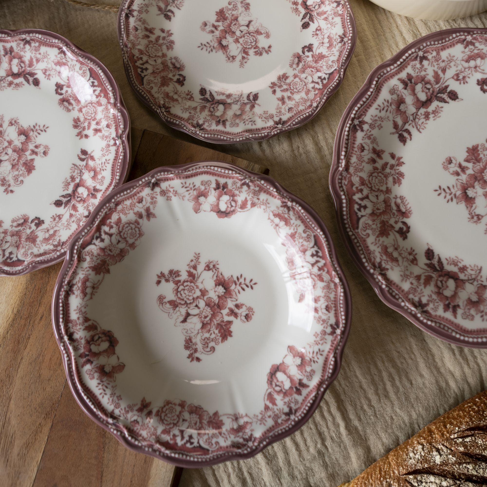 Lot de 6 assiettes creuses fleuries en grès rose 22cm FAUSTINE