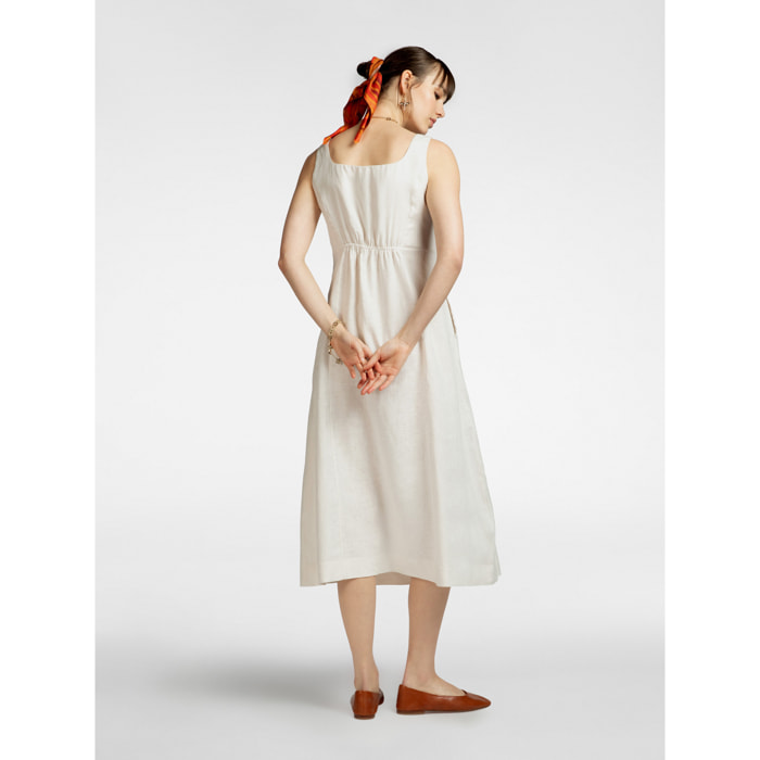Elena Mirò - Vestido de lino con pliegues en la parte delantera. - Blanco