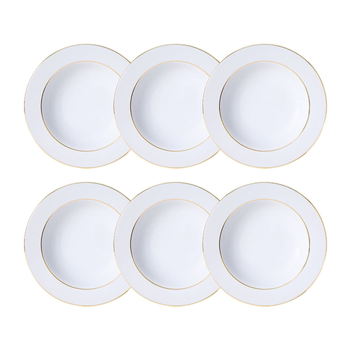 Lot de 6 assiettes creuses 22,5cm en porcelaine blanche et filet or CLASSIC FILET OR