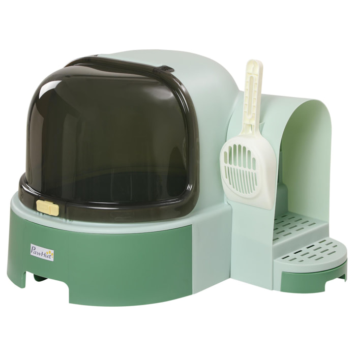 Maison de toilette litière pour chat design capsule spatiale - porte, capot ouvrant, pelle, 2 tiroirs amovibles - vert noir
