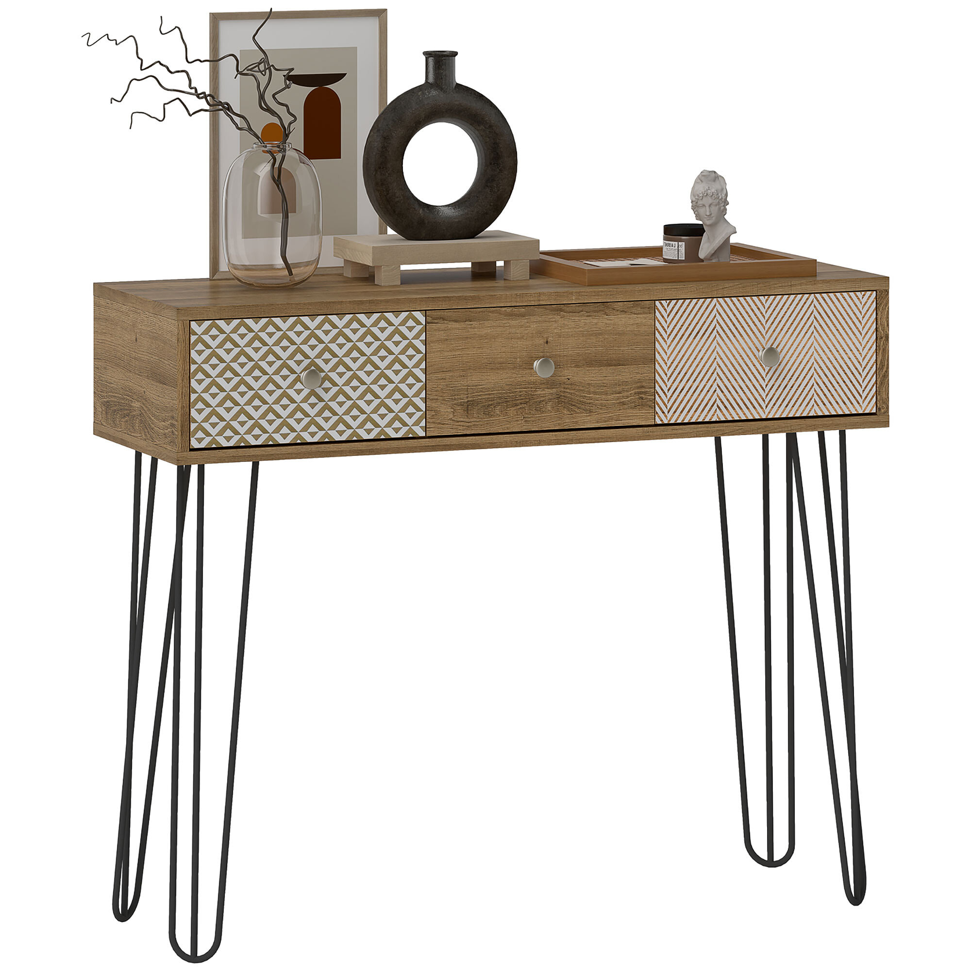 Mesa de Consola, Mesa de Sofá con 3 Cajones, Consola para Recibidor Estrecha con Patas de Acero Tipo Horquilla, para Salón, Pasillo, Entrada, Natural