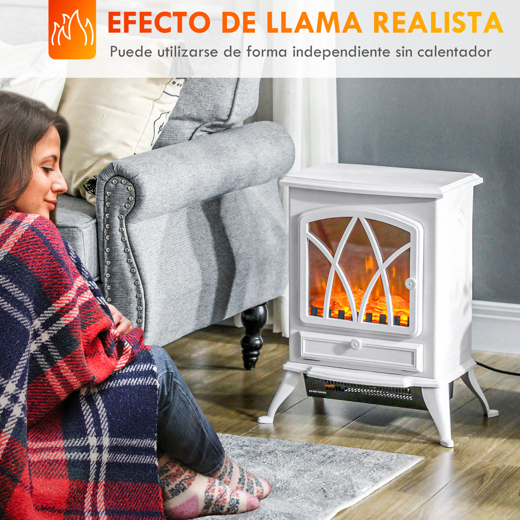 Chimenea Eléctrica 1000W/2000W Chimenea Decorativa con Ventana Efecto de Llama Brillo Ajustable y Protección Sobrecalentamiento para 15-30 ãŽ¡ 45x28,5x54 cm Blanco