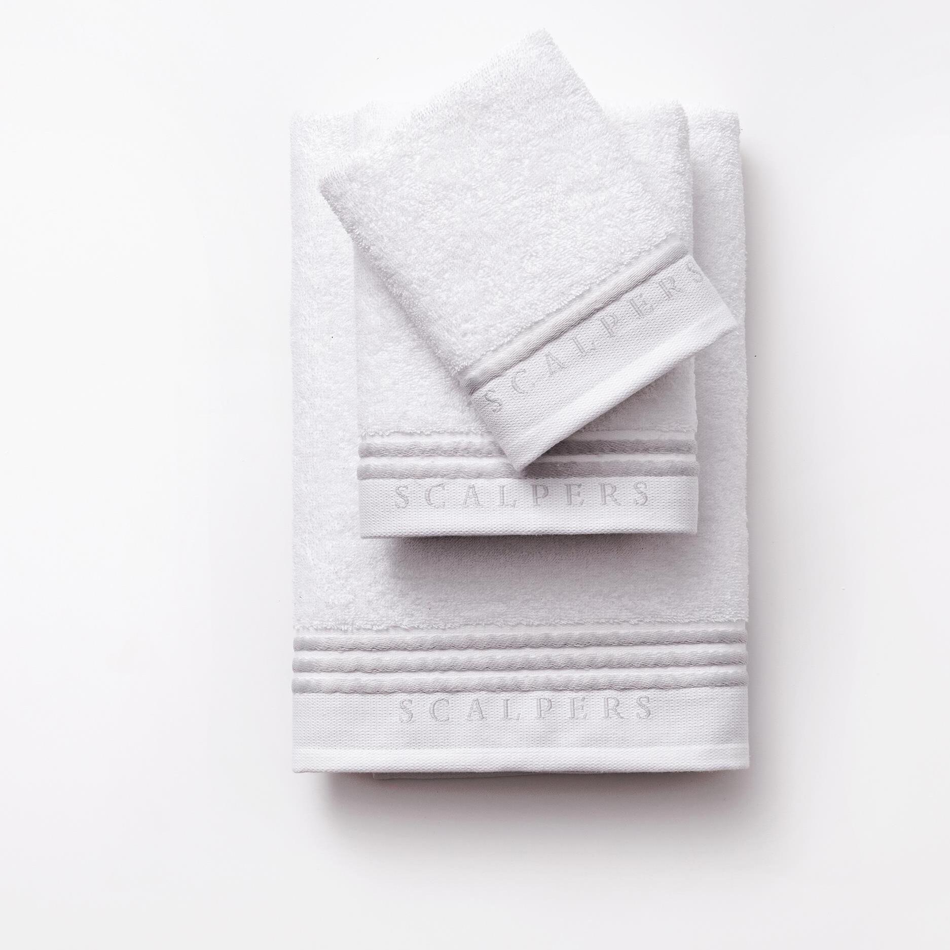 Set 6 toallas baño (2x tocador 30x50cm + 2x manos 50x90cm + 2x baño 70x140cm) 450gsm en algodón blanco con gris scalpers home