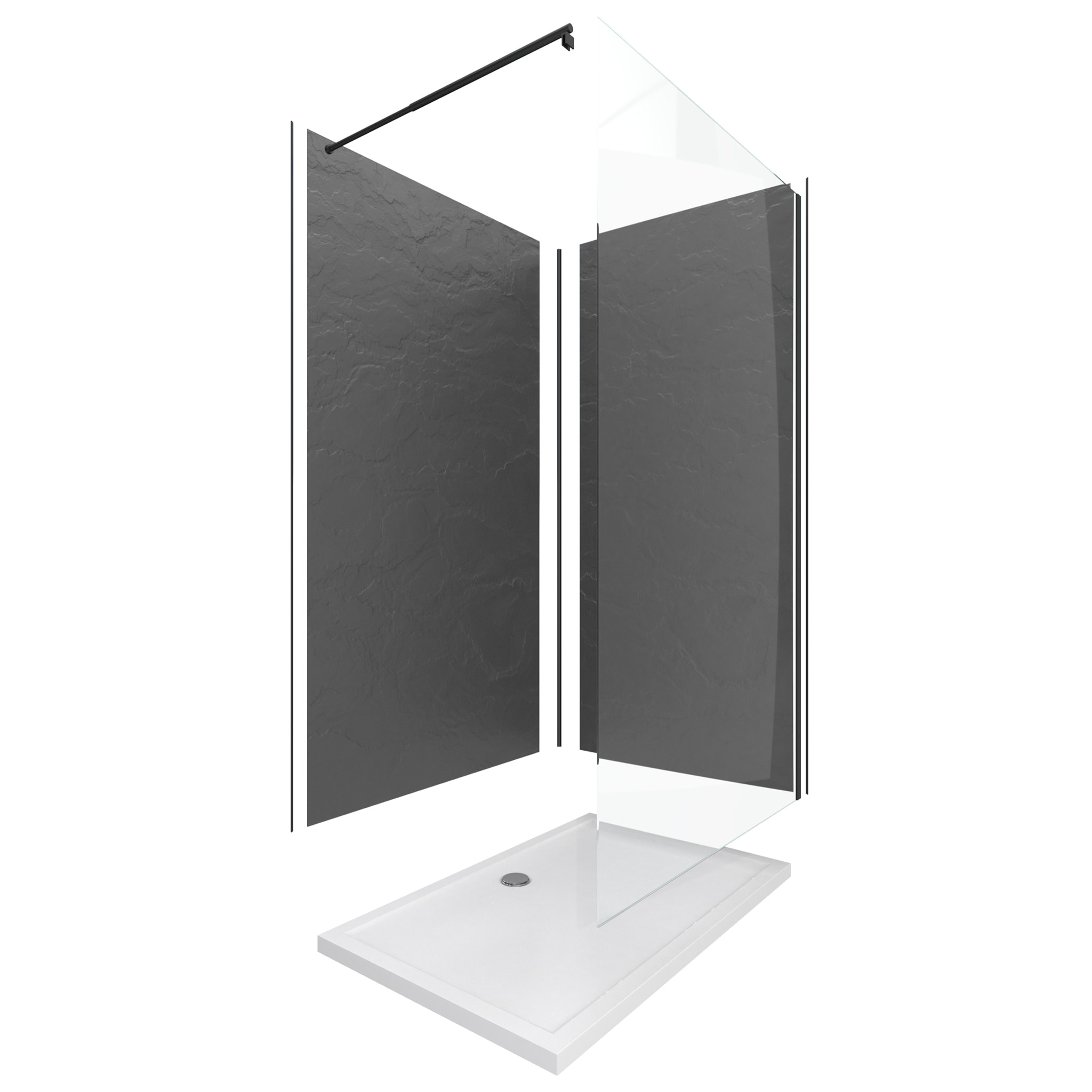 Pack douche à l'Italienne Receveur 90x120 + Paroi transparente + Panneaux muraux finition ardoise