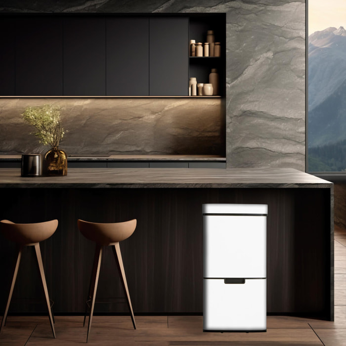 Well home papelera de reciclaje 62l (37l+25l), cubo de basura con 2 compartimentos, apertura automática con sensor, en acero inoxidable, blanco