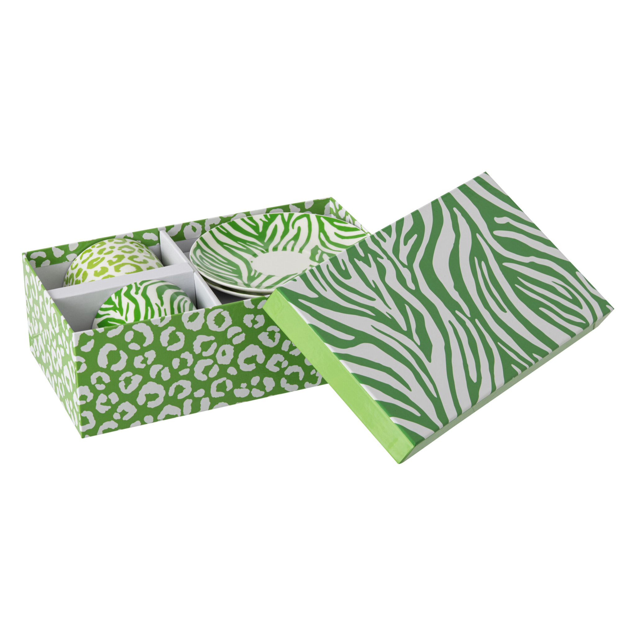 J-Line Tasse + Sous-tasse Léopard + Zèbre - porcelaine - vert/blanc - large - set de 2