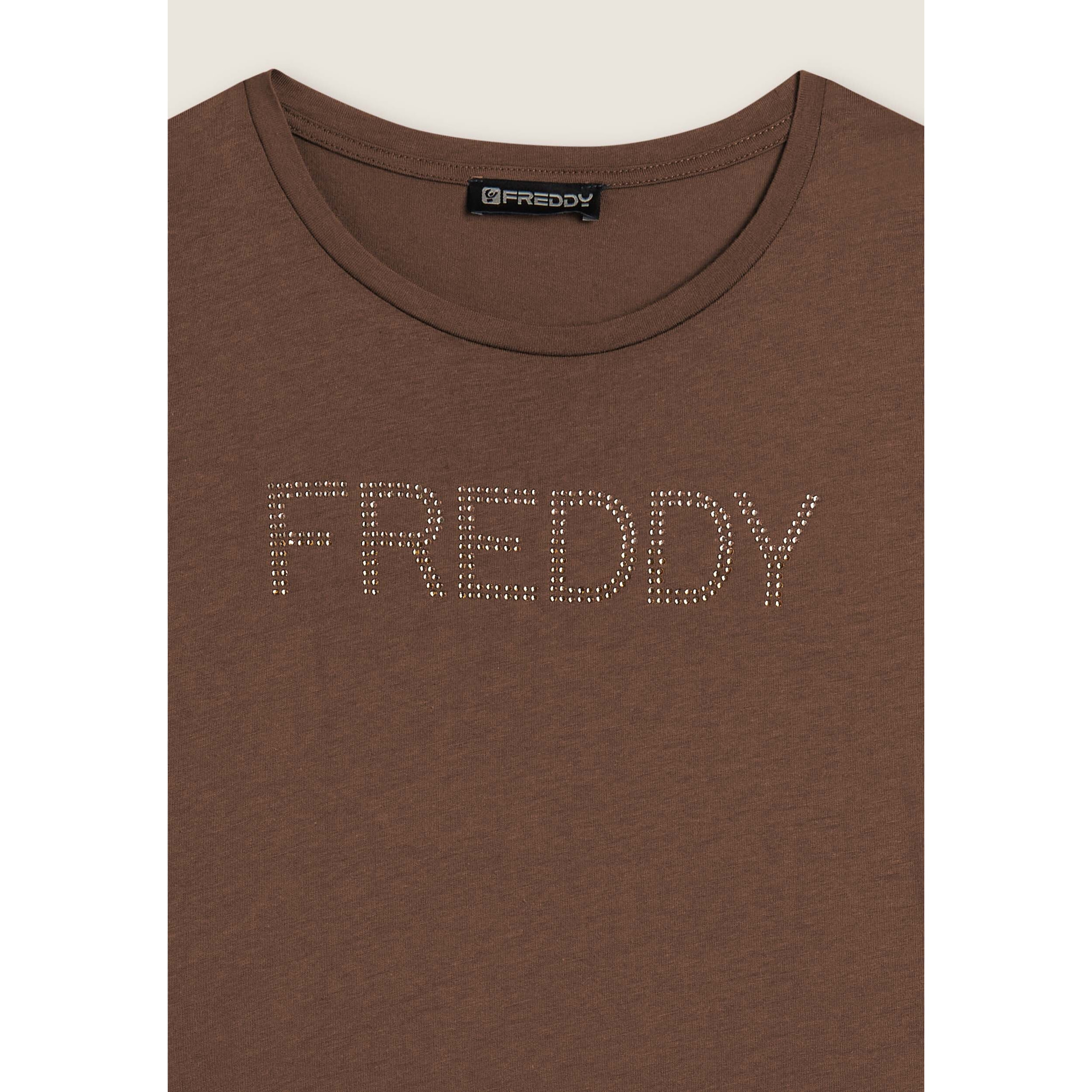 T-shirt donna con logo in strass bicolori