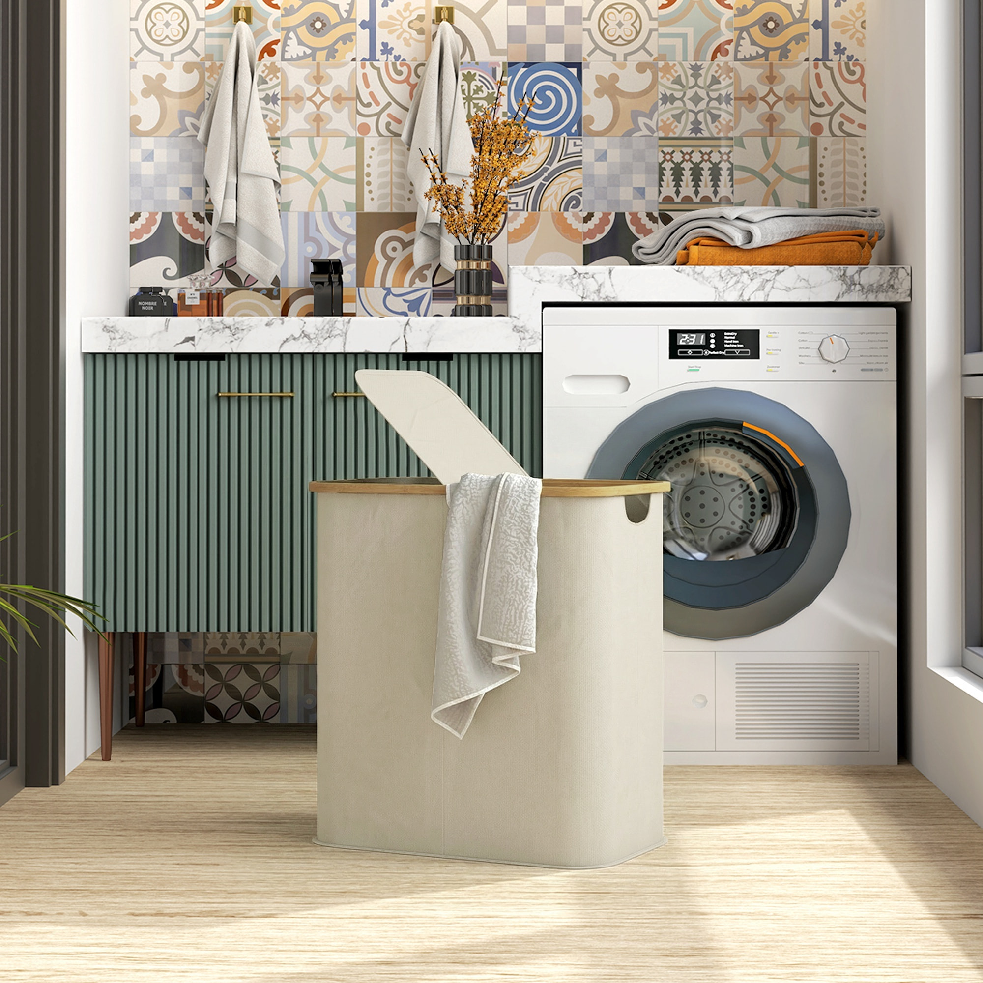 Panier à linge double pliable 80L - corbeille à linge sale avec couvercle et poignées - bambou non tissé beige