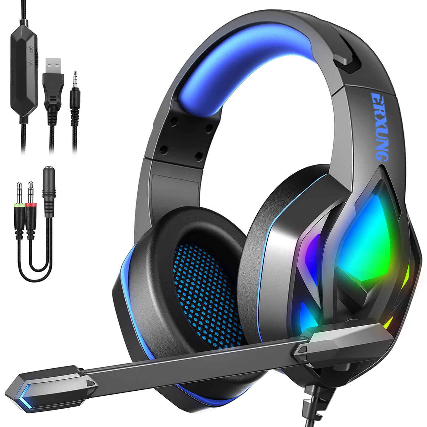 Cuffie premium ultra flessibili H1003. 10 luci RGB COMPLETE. Cuffie da gioco con connessione micro, minijack per PC, laptop, PS4, Xbox One, cellulare, tablet.