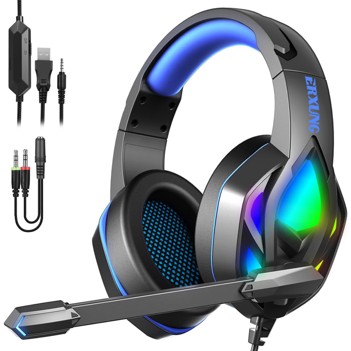 Cuffie premium ultra flessibili H1003. 10 luci RGB COMPLETE. Cuffie da gioco con connessione micro, minijack per PC, laptop, PS4, Xbox One, cellulare, tablet.