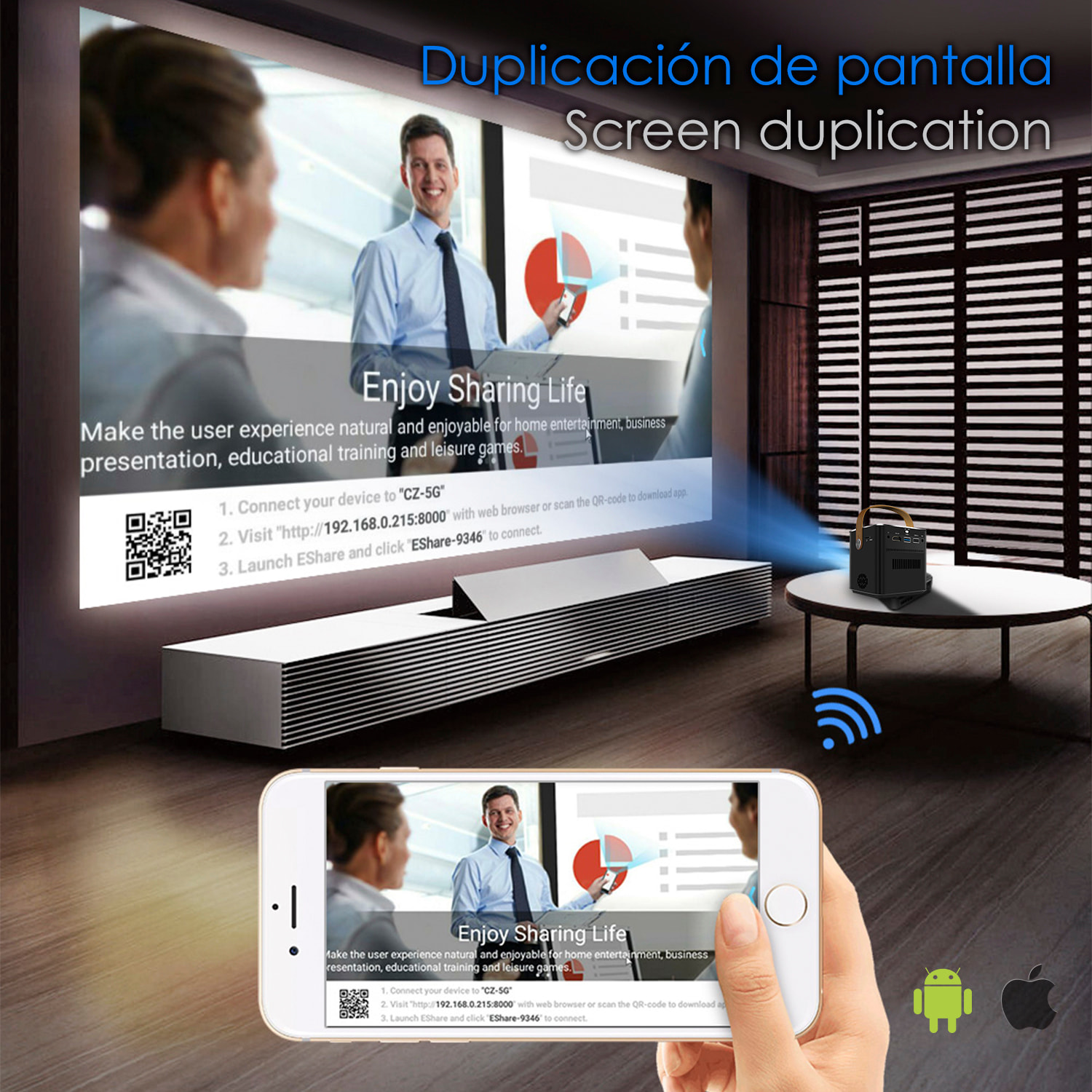 Mini videoproiettore portatile LED P12, DLP. FullHD1080P. Android 9.0, Wi-Fi. Clonazione schermo. Batteria ricaricabile. Netflix, YouTube, ecc.