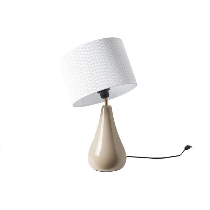Lampe à poser taupe en céramique brillante et abat-jour en tissu plissé blanc H49 cm TROIA