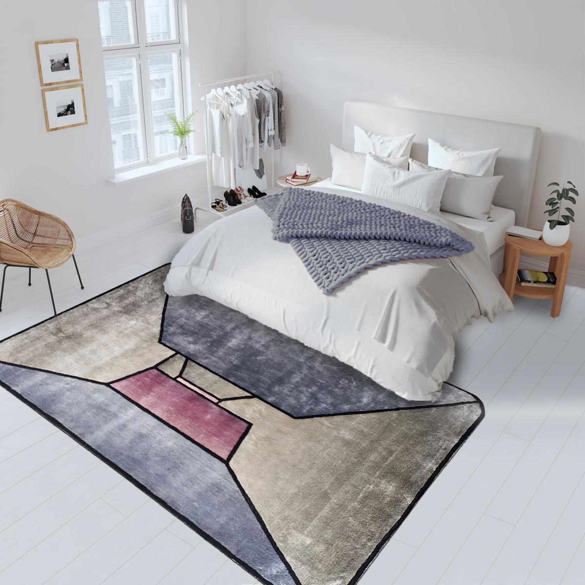 Tapis tufté main en laine et viscose, motif géométrique, tapis de haute qualité