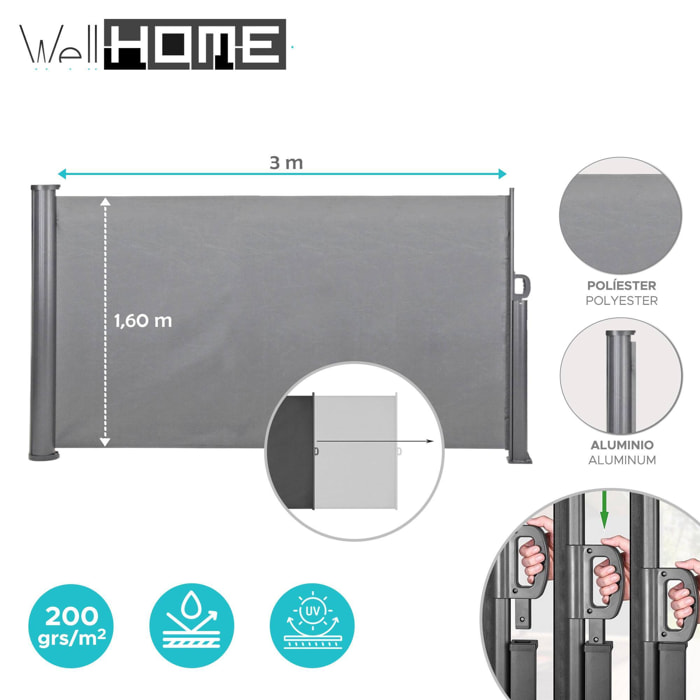 Well home - toldo para terraza de 3m tela de poliéster y carcasa de aluminio