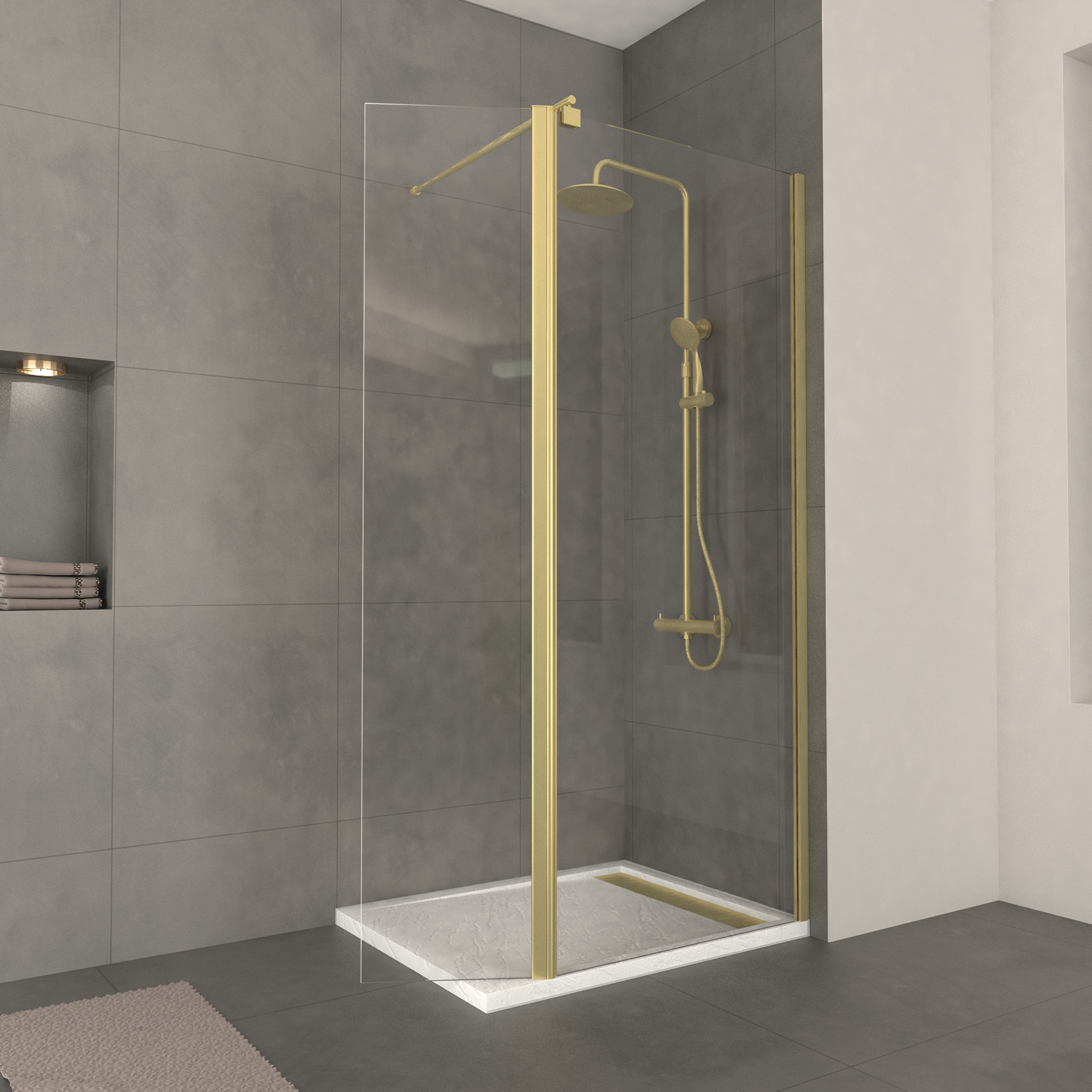 Paroi de Douche et Volet Pivotant 80+40x200 cm - Profilé + Barre de Fixation Or Doré Brossé