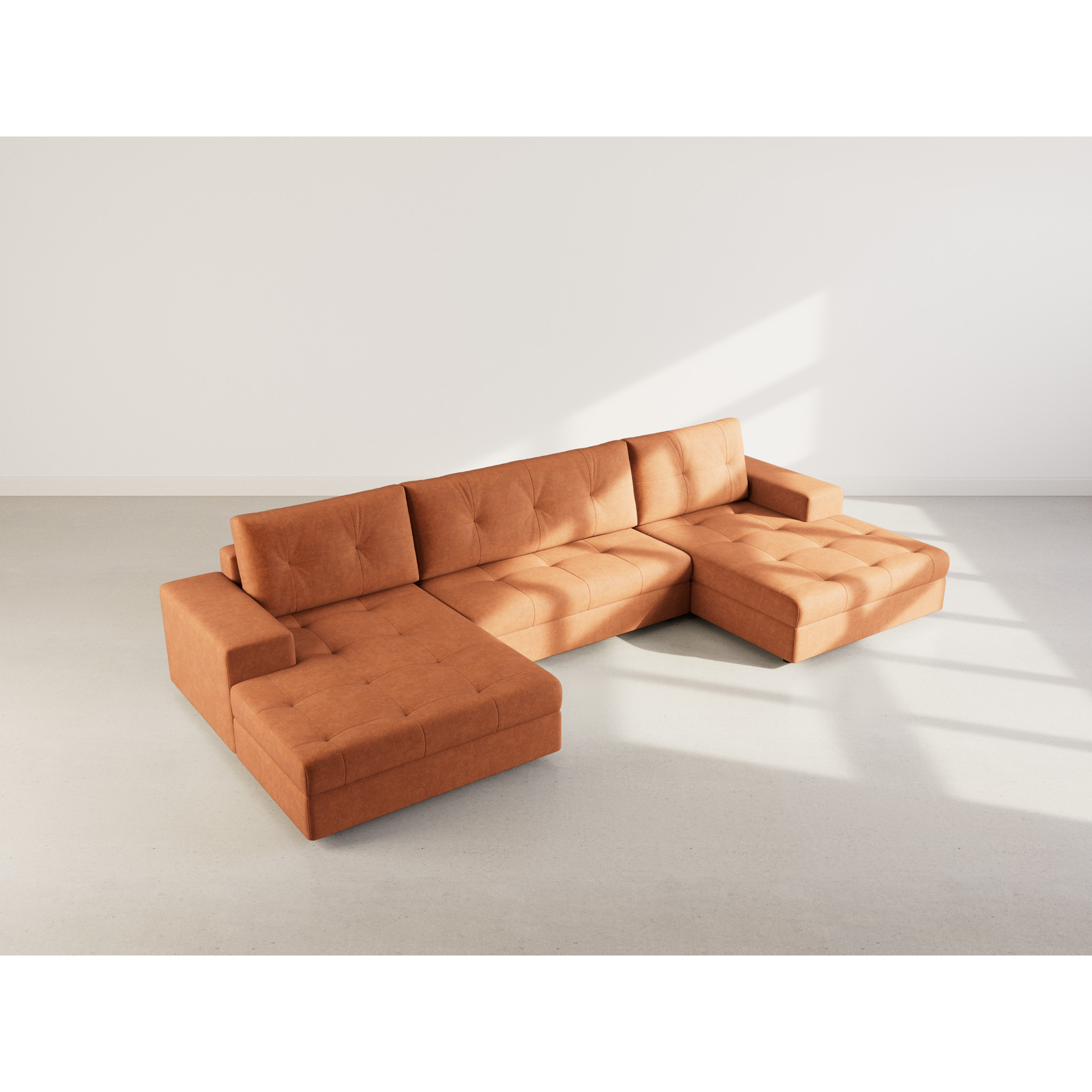 Bastian - canapé panoramique en U 7 places convertible avec coffre en velours texturé - Terracotta