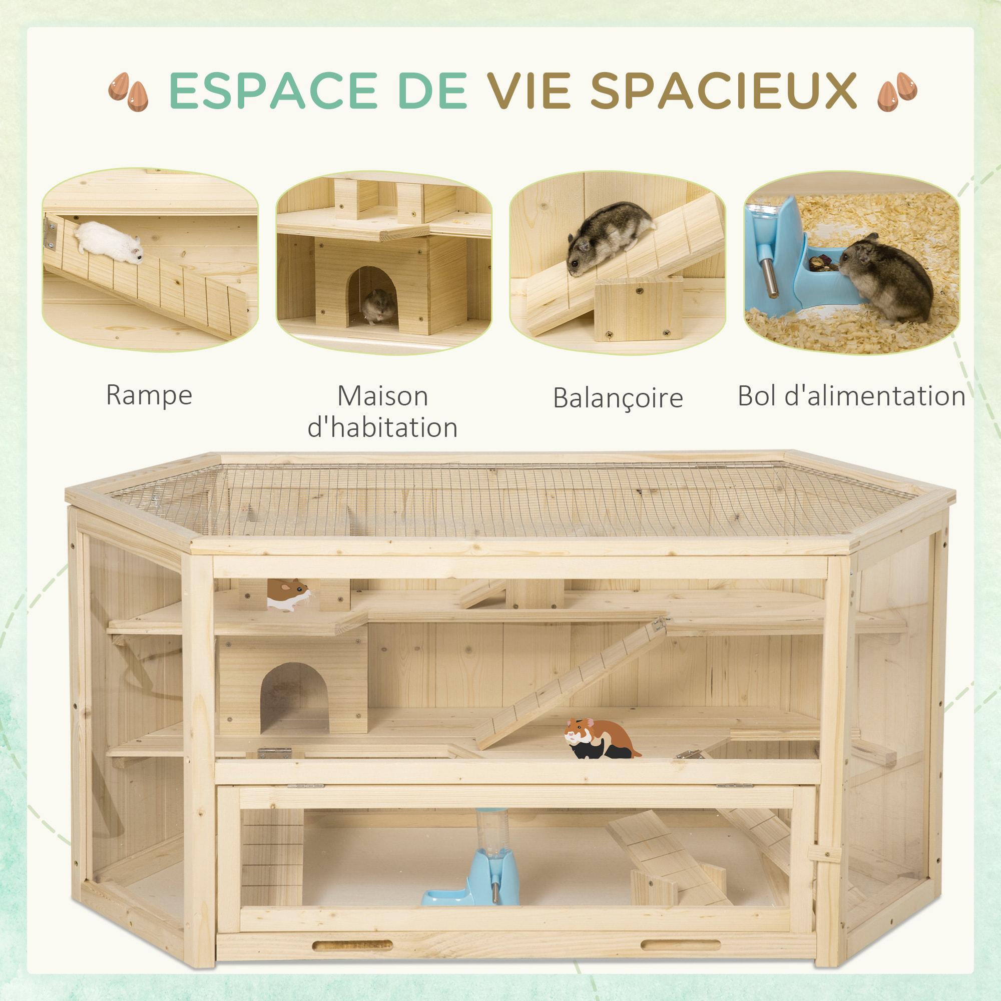 Cage pour hamster 2 étages dim. 115x60x55cm bascules biberon eau fenêtres cabanes toit ouvrable plateau déjection bois