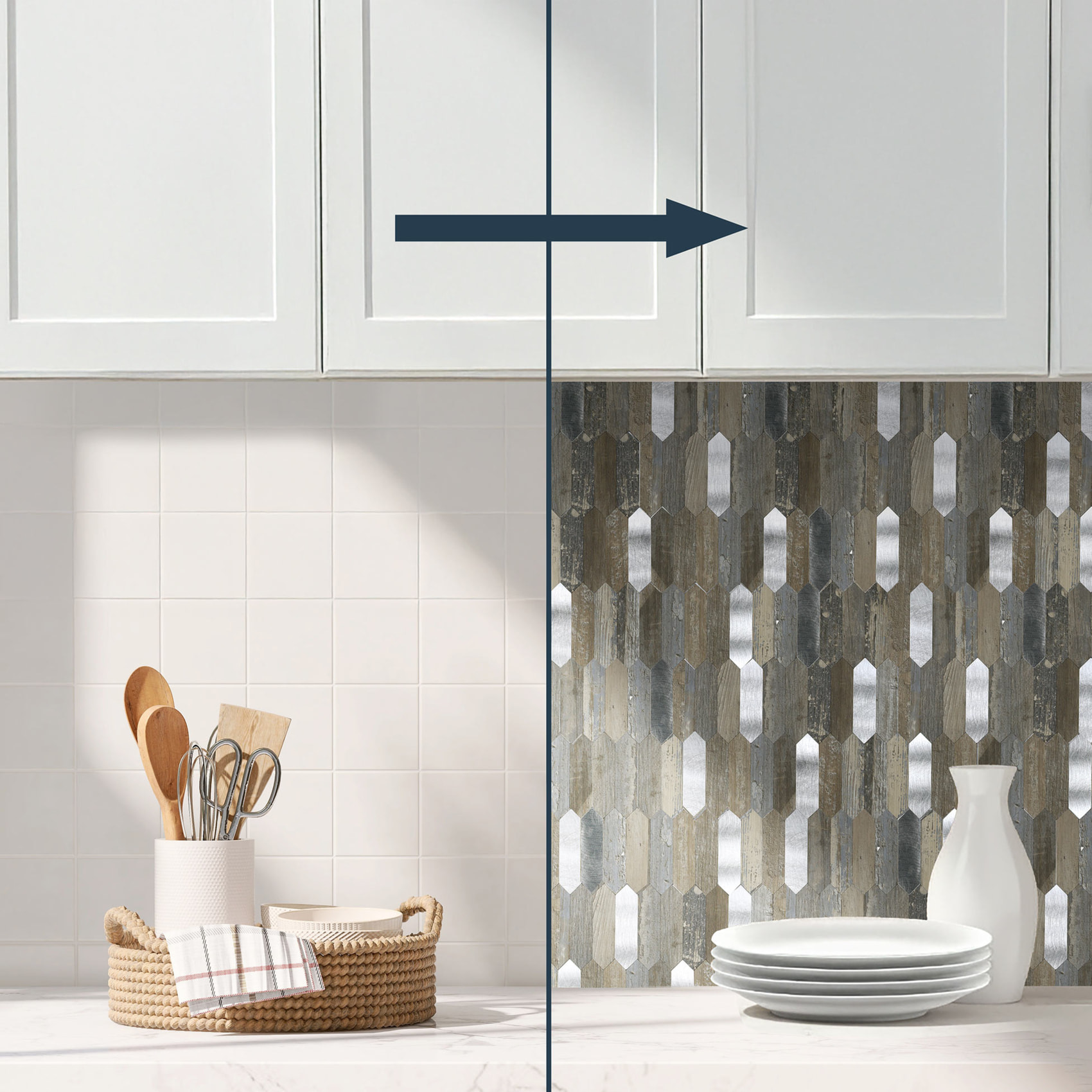 Crédence adhésive murale 3D  - Effet bois et métal 4 pièces - Marron