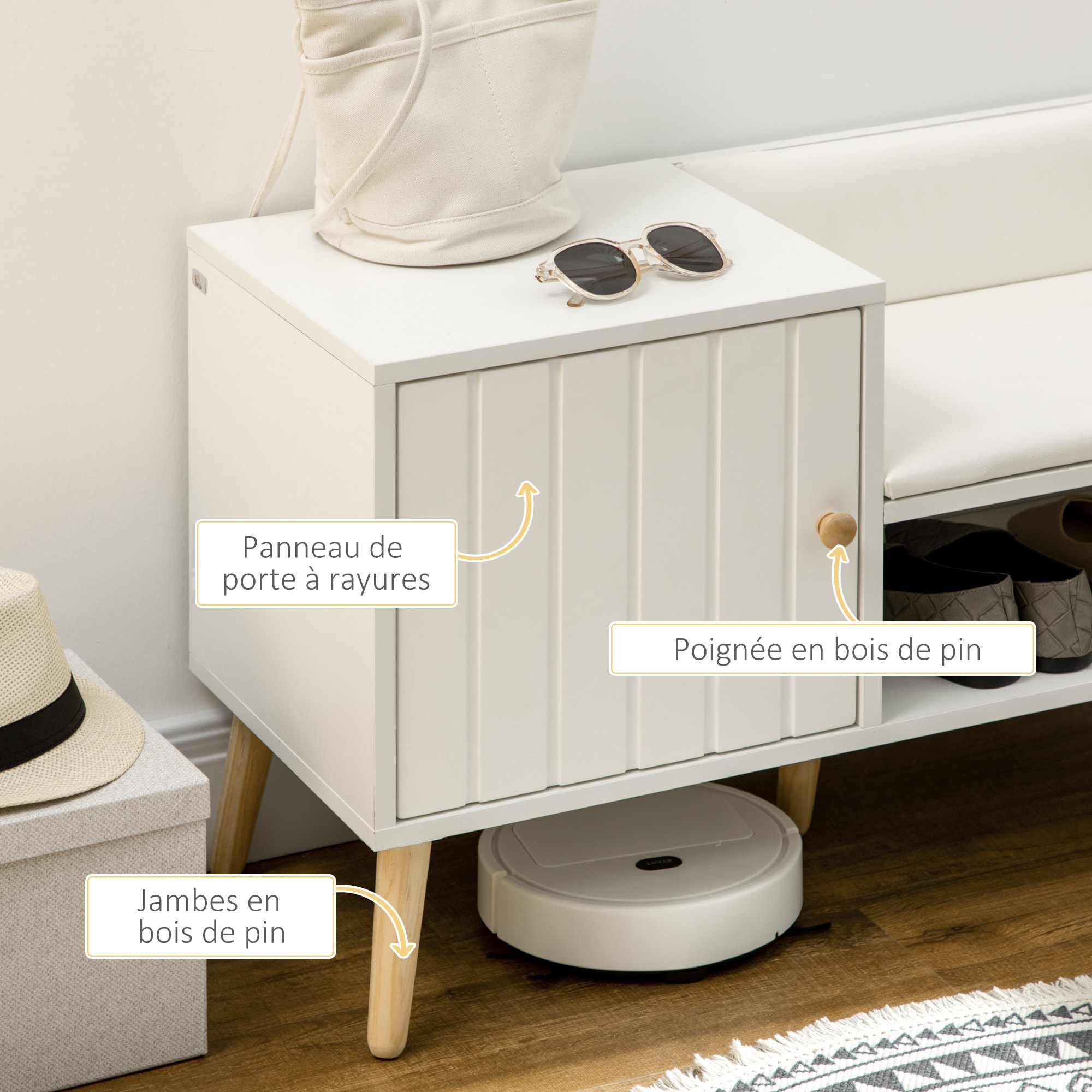 Banc meuble à chaussures 2 en 1 style scandinave - porte, niche, étagère - bois pin blanc