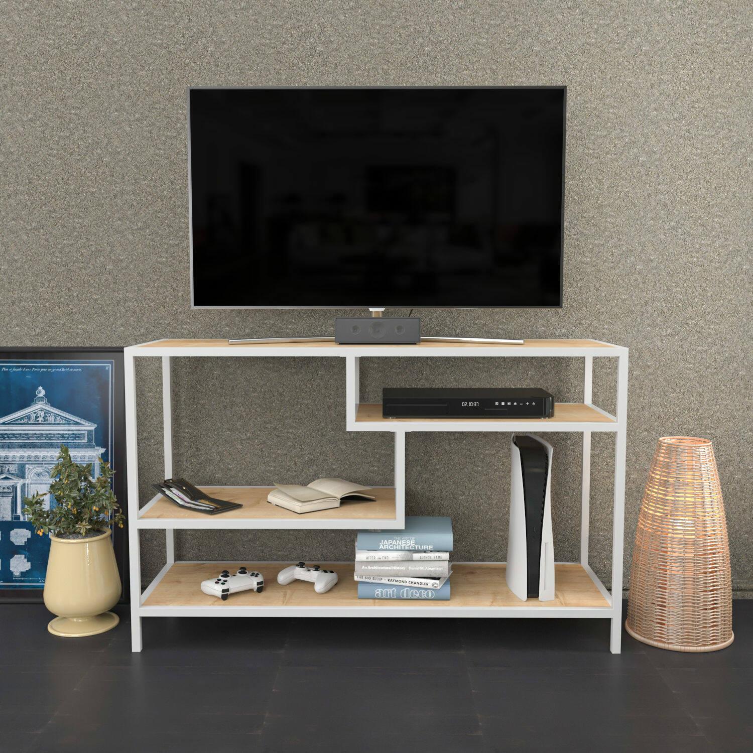 Mobile porta TV Dplizzar, Credenza da soggiorno, Armadio basso per TV, Base parete attrezzata, 120x39h75 cm, Bianco e Rovere