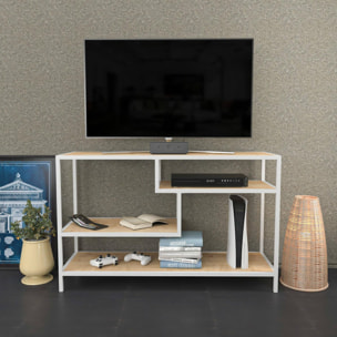 Mobile porta TV Dplizzar, Credenza da soggiorno, Armadio basso per TV, Base parete attrezzata, 120x39h75 cm, Bianco e Rovere