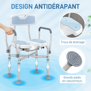 Tabouret de douche avec siège rembourrée et accoudoirs, chaise de douche, tabouret de bain, hauteur réglable 83-91,5 cm, cadre en aluminium et pieds antidérapants, bleu