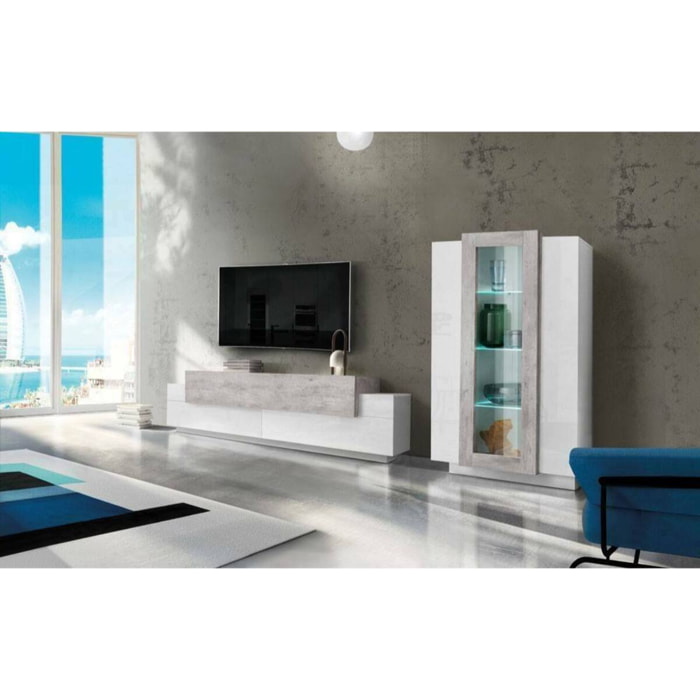 Parete attrezzata da soggiorno modulare, Made in Italy, con luce LED bianca, Base porta TV e vetrina, Set salotto moderno, cm 290x45h121, colore Bianco lucido e Cemento