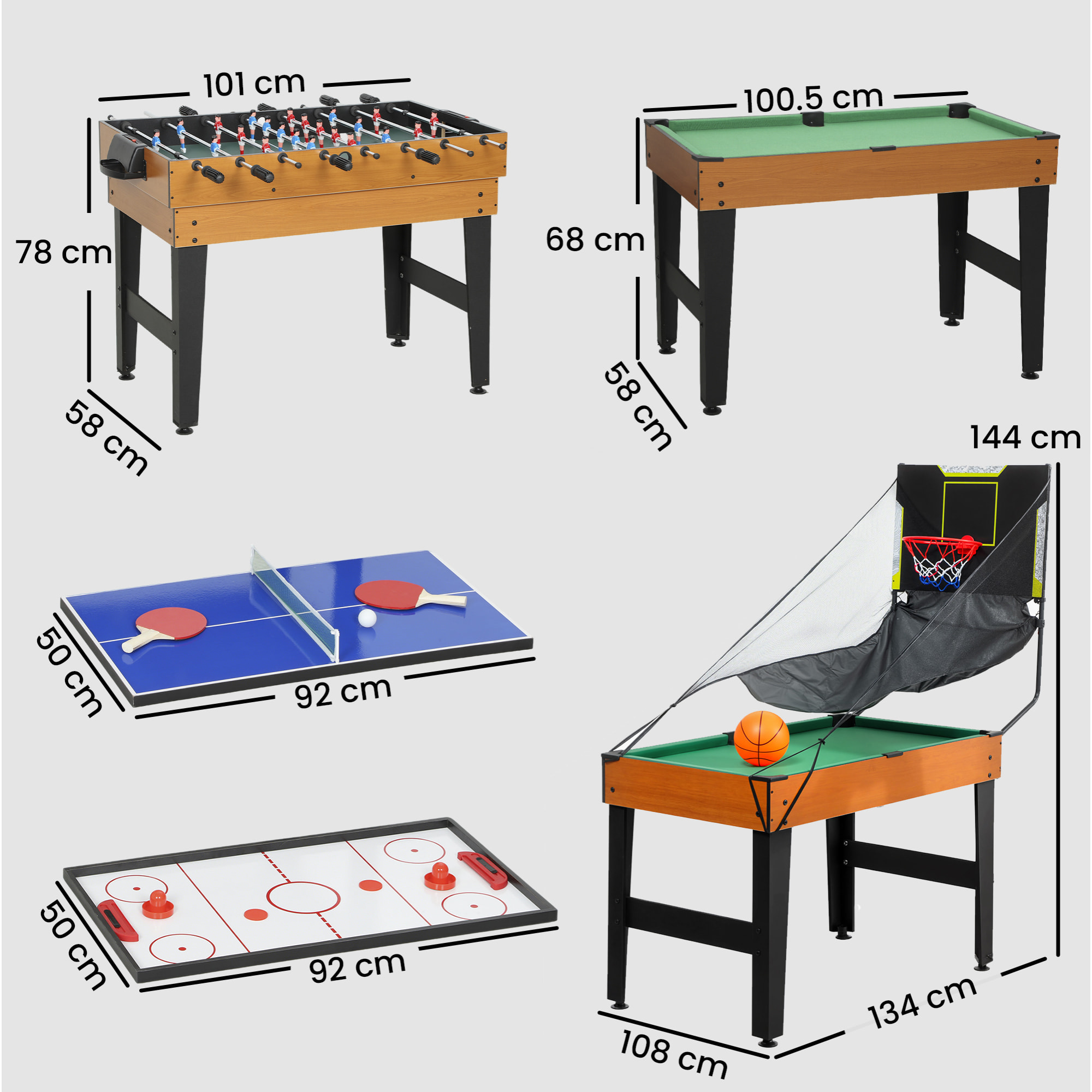 Mesa Multijuegos 5 en 1, Mesa de Juego con Futbolines para Niños, Billar, Ping-pong, Hockey y Baloncesto, Diversión Familiar para Adultos y Niños, 134x108x144 cm, Natural y Negro
