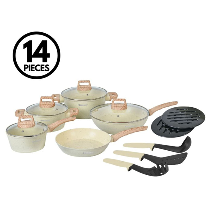Batterie de cuisine 14 pièces avec revêtement en granit et manche en bois Beige Herzberg HGWDBEJ14-BEI