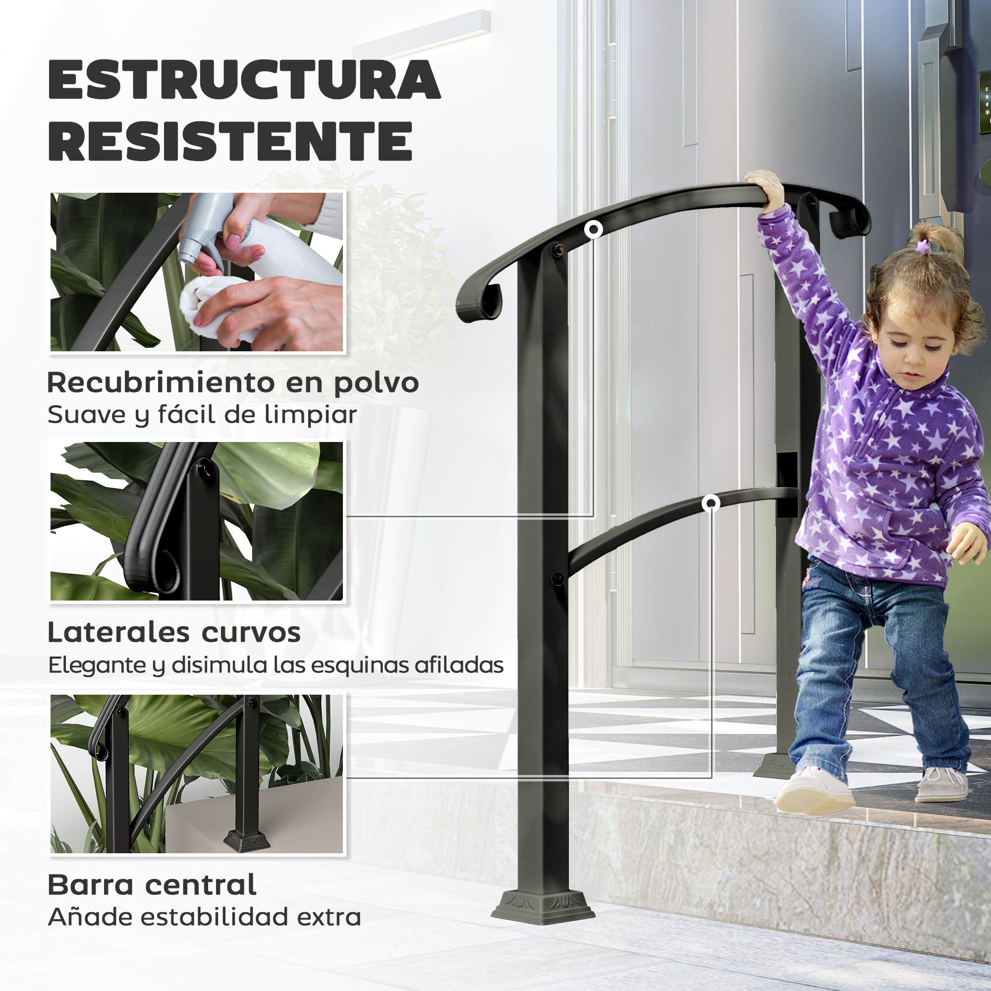 Barandilla de Escalera 71 cm Pasamanos para Escalera con Kit de Instalación Ángulo Ajustable para 1-3 Escalones para Exterior Terraza Patio Negro