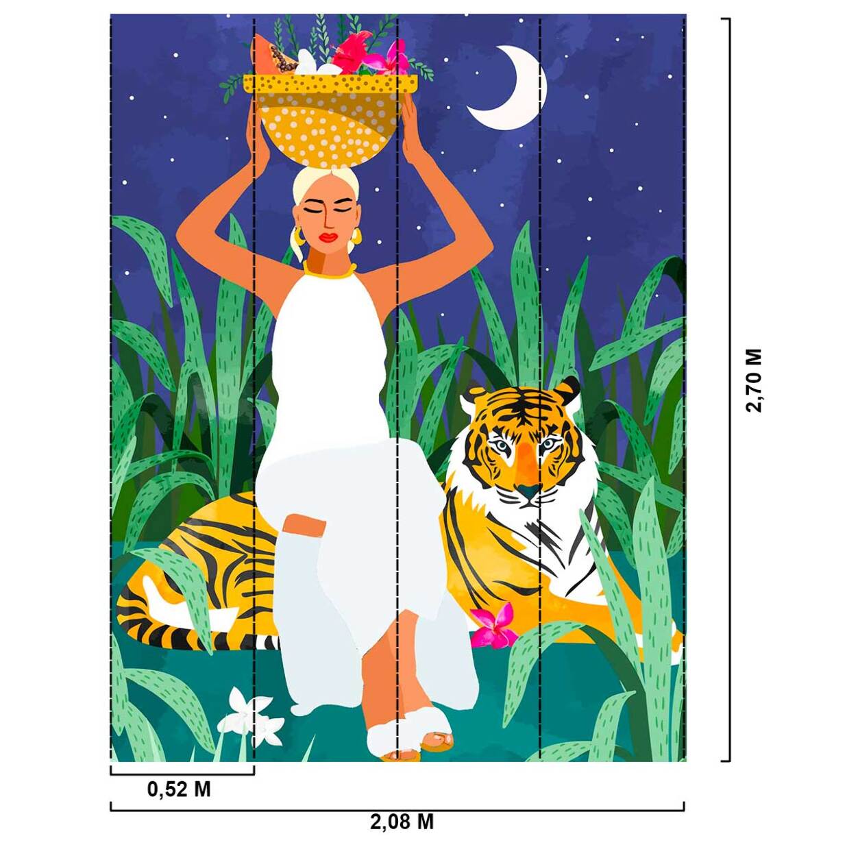 Papier peint femme et tigre scène tropicale artistique nocturne Intissé