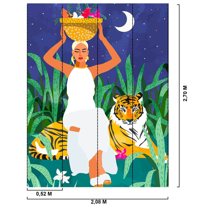 Papier peint femme et tigre scène tropicale artistique nocturne Intissé