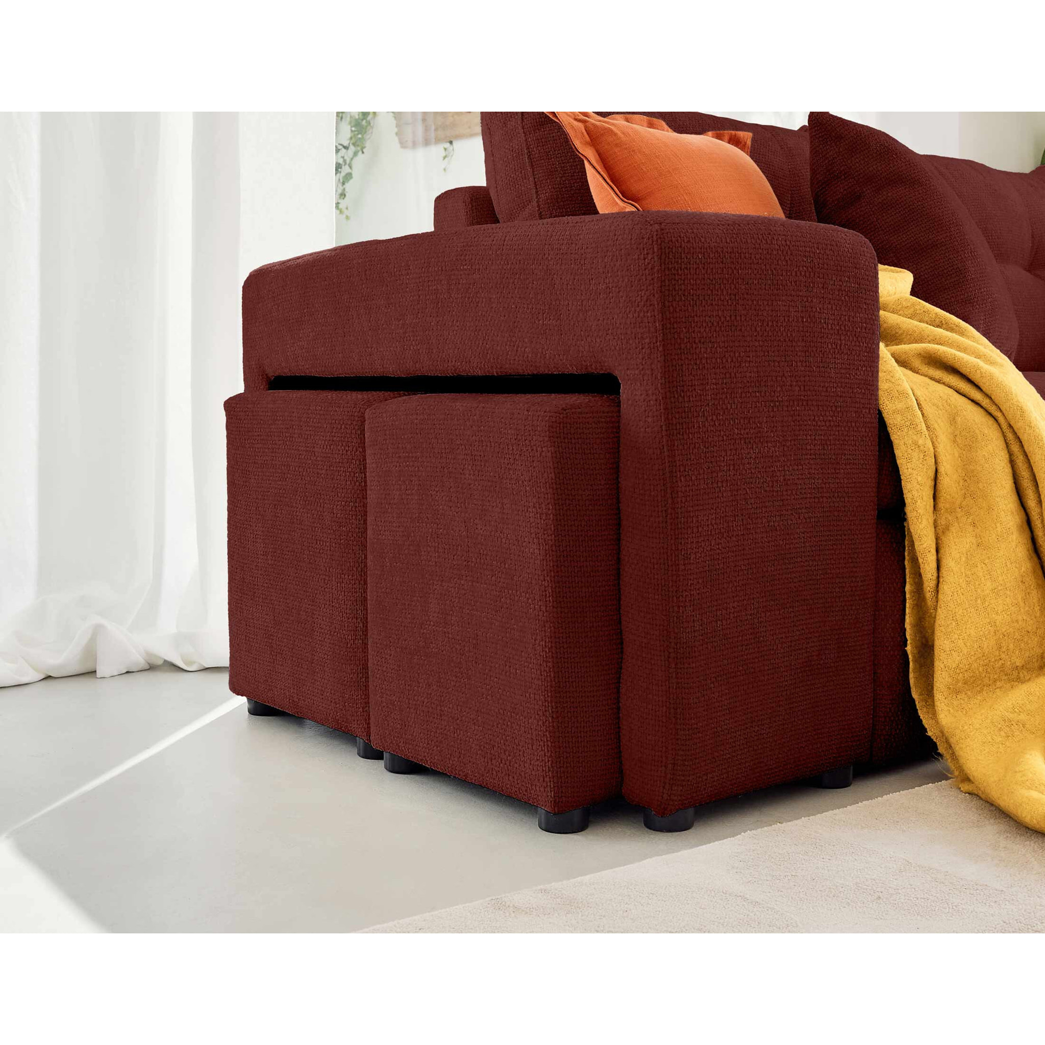 California - canapé d'angle réversible 4 places - convertible avec coffre, étagère et poufs - en velours texturé - Prune