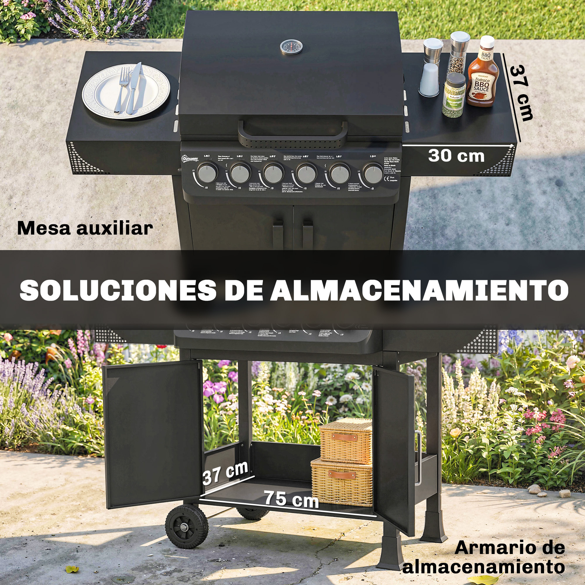 Barbacoa de Gas BBQ Gas con 6 Quemadores 15 kW, Barbacoa Portátil con Termómetro, Mesas Laterales, Armario, Rejilla Calentadora, Parrilla, Recogedor de Grasa, 2 Ruedas y Tapa, Negro