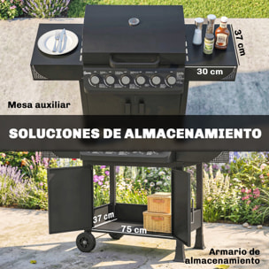 Barbacoa de Gas BBQ Gas con 6 Quemadores 15 kW, Barbacoa Portátil con Termómetro, Mesas Laterales, Armario, Rejilla Calentadora, Parrilla, Recogedor de Grasa, 2 Ruedas y Tapa, Negro