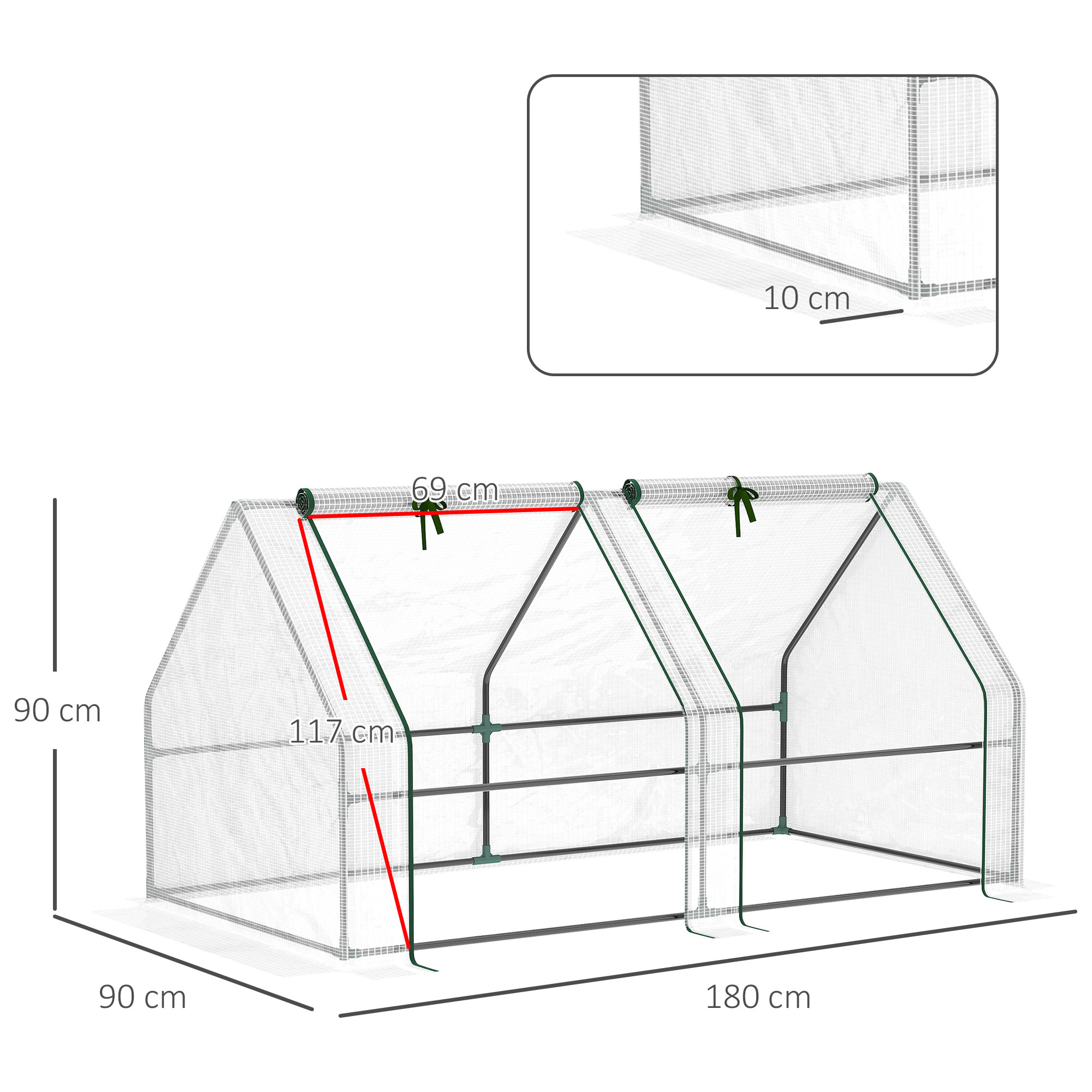 Serre de jardin tunnel 2,5L x 1l x 0,8H m grande porte zippée bâche PVC transparent métal époxy vert