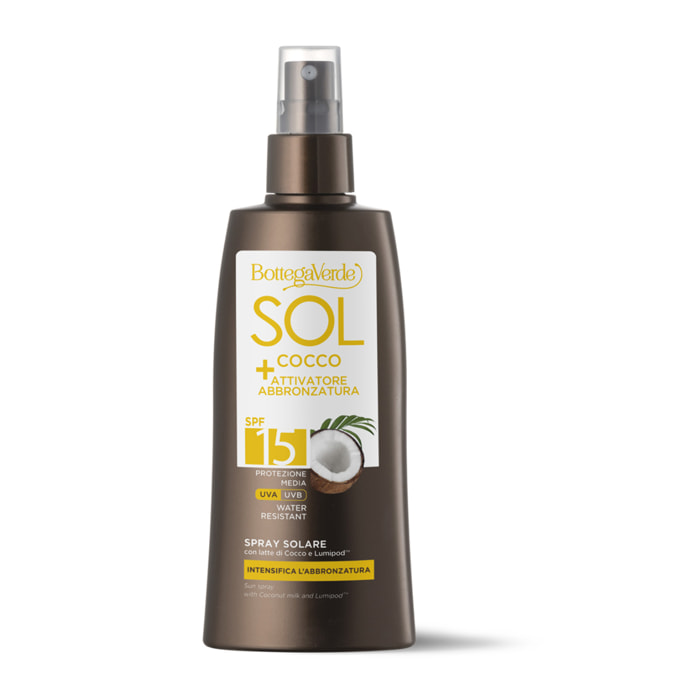 SOL Cocco + Attivatore di abbronzatura - Spray solare - intensifica l'abbronzatura - con latte di Cocco e Lumipod(TM) - water resistant - protezione media SPF15