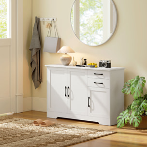 Buffet contemporain 3 portes étagère 2 tiroirs poignées métal noir effet bois blanc