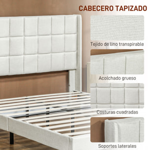 Cama 135x190 cm Estructura de Cama Somier con Cabecera Tapizada de Lino Sintético y Espacio de Almacenamiento Debajo de la Cama Carga 300 kg Beige