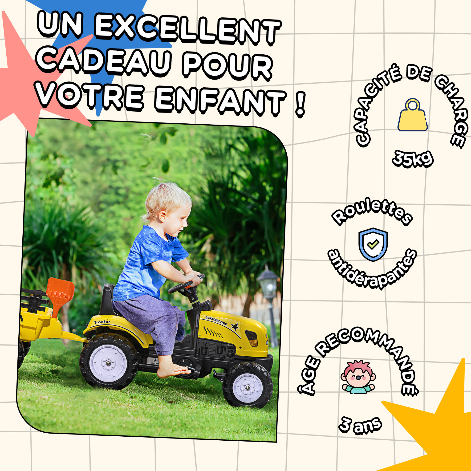 Porteur tracteur enfants avec remorque, râteau et pelle, tracteur à pédales 6 roues, charge 35 kg, pour 3+ ans, jaune