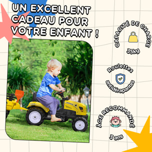Porteur tracteur enfants avec remorque, râteau et pelle, tracteur à pédales 6 roues, charge 35 kg, pour 3+ ans, jaune