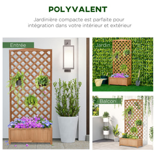 Jardinière avec treillis - bac à fleurs - jardinière sur pied - dim. 76L x 36l x 170H cm - fond à lattes - bois sapin pré-huilé